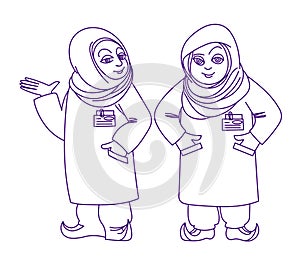 Funny nurses or doctors, cute muslim arab females in hijab, medical workers