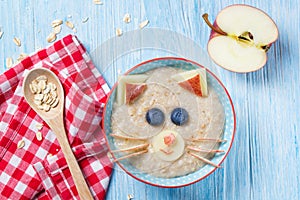 Funny oat porridge with cat, kitten face made of fruit and berries, food for kids idea, top view