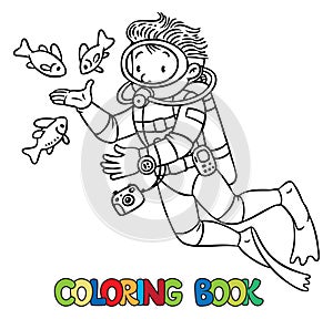 Funny oceanographer or diver. Coloring book