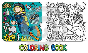 Funny oceanographer or diver. Coloring book