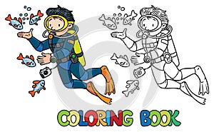 Funny oceanographer or diver. Coloring book