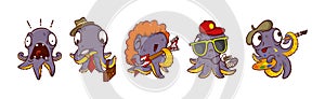 Funny Octopus Character Engaged in Different Activity Vector Set