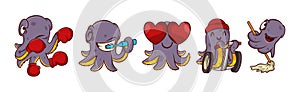 Funny Octopus Character Engaged in Different Activity Vector Set