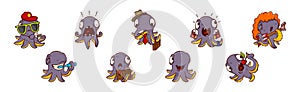 Funny Octopus Character Engaged in Different Activity Vector Set