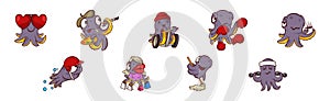 Funny Octopus Character Engaged in Different Activity Vector Set