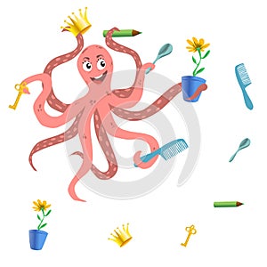 Funny Octopus Character Grabbed A Lot Of Objects: A Flower, A Crown, A Comb, A Spoon, A Key And A Caranjash As He Has