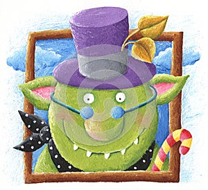 Funny Ogre with purple hat and candy stick photo