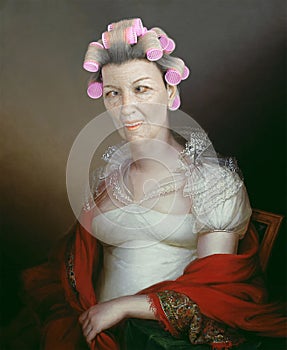 Funny Oil Painting Portrait, Ugly Woman Wearing Curlers