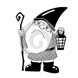 funny old gnome with vintage flashlight, hand drawn illustration, vector clipart with cartoon character