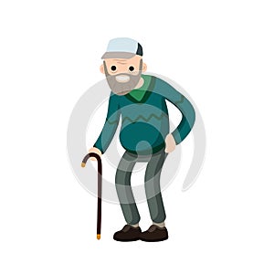 Funny old man with cane. Cartoon flat illustration