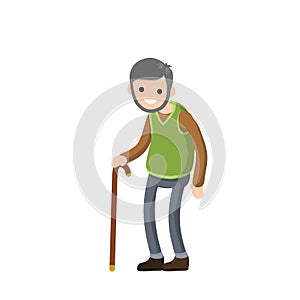 Funny old man with cane. Senior and Active Lifestyle, recreation grandfather. Cartoon flat illustration