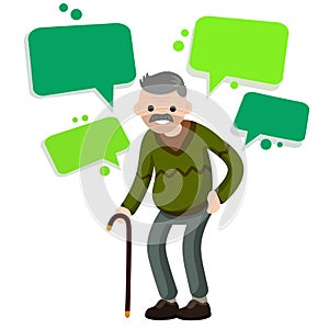 Funny old man with cane. Senior and Active Lifestyle, recreation grandfather. Flat cartoon
