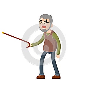 Funny old man with a cane. Senior point direction. Active Lifestyle