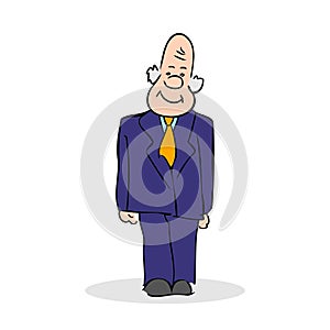 Funny old man stands. Business elderly man smiling, wearing a suit and a tie. Colorful cartoon vector illustration on white