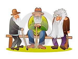 Funny three old mens sitting on the bench. Old man with hat and walking cane. Sad grandfather with a long beard sitting on