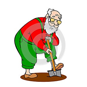 Funny old man working in the garden. Grandfather with a long beard shovel digs up the ground. Colorful cartoon vector