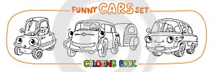 Funny small retro cars with eyes coloring book set