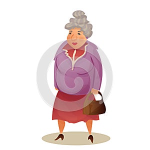 Funny old woman with bag. Grandmother walking. Colorful cartoon