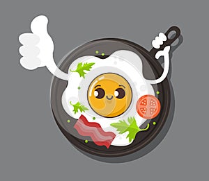 Funny omelette cute character. Fried egg logo template. Morning breakfast vector design. Fast food and rosemary logotype. Design