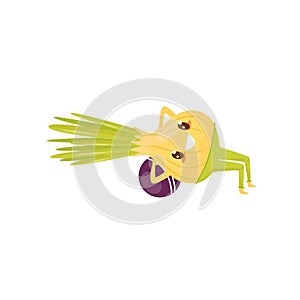 Funny onion exercising with ball, sportive vegetable cartoon character doing fitness exercise vector Illustration on a