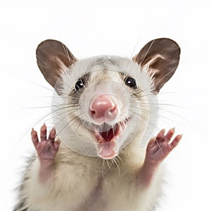 Funny opossum with curious cute brown eyes looking in the camera on white background, AI generative