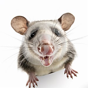 Funny opossum with curious cute brown eyes looking in the camera on white background, AI generative