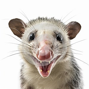 Funny opossum with curious cute brown eyes looking in the camera on white background, AI generative