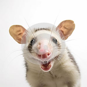 Funny opossum with curious cute brown eyes looking in the camera on white background, AI generative