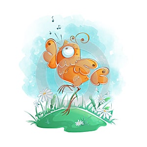 Funny orange bird bounces and sings in a clearing. photo