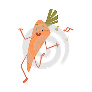 Funny Orange Carrot Character Dancing Moving Hand and Legs Vector Illustration