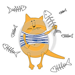 Funny orange cat sailors in striped frock and fish skeleton. Cartoon style
