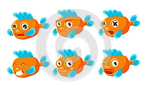Funny Orange Fish with Different Emotions Set, Cute Sea Creature Cartoon Character Vector Illustration