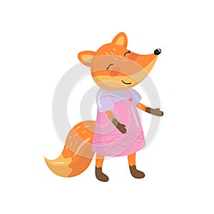 Funny orange fox character. Humanized forest animal in pink sarafan and purple t-shirt. Cartoon flat vector element for