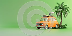 Funny orange retro car with summer vacation accessories on green background with copy space