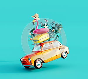 Funny orange retro car with summer vacation accessory on turquoise blue background