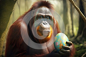 Funny orangutan with Easter egg. Generative AI