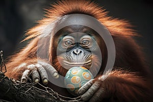 Funny orangutan with Easter egg. Generative AI