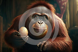 Funny orangutan with Easter egg. Generative AI