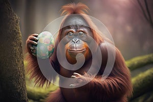 Funny orangutan with Easter egg. Generative AI