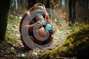 Funny orangutan with Easter egg. Generative AI