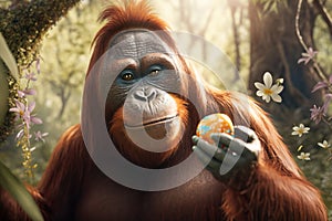 Funny orangutan with Easter egg. Generative AI