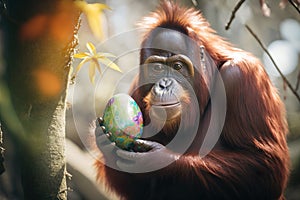 Funny orangutan with Easter egg. Generative AI