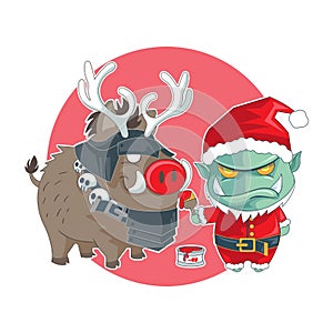 Funny orcs and wild boars in santa clothes and reindeer pulling wagons