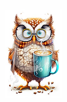 Funny owl with cup of coffee. Cartoon character illustration. Generative AI.