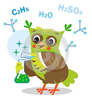 Funny owl experimenting with Chemicals and chemical formula.