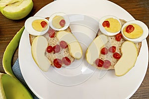 Funny owl face sandwich toast bread with chicken eggs, apple, banana, dried berry fruits on plate. Cute kids
