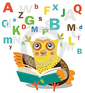 Funny Owl Learn To Read Book On A White Background.