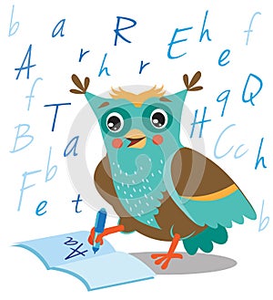 Funny Owl Learn To Write In A Notebook On A White Background.