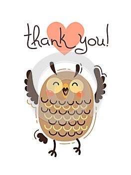 Funny owl says thank you. Vector illustration in cartoon style