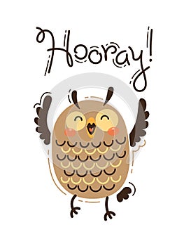 Funny owl yells Hooray. Vector illustration in cartoon style